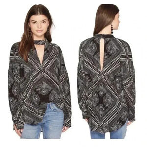 Free People Black Paisley Floral Walking On A Dream Choker Blouse Womens Size XS